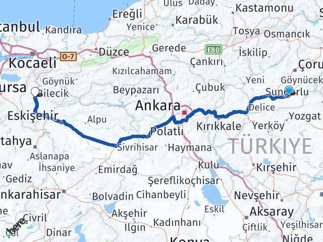 Çorum Alaca Bilecik Arası Kaç Km - Yol Haritası