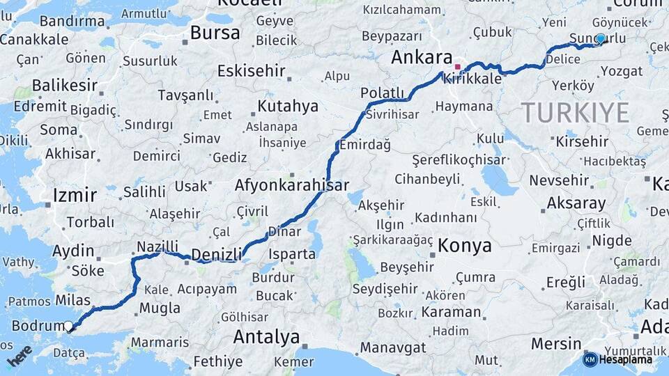 Çorum Alaca Bodrum Muğla Arası Kaç Km - Yol Haritası