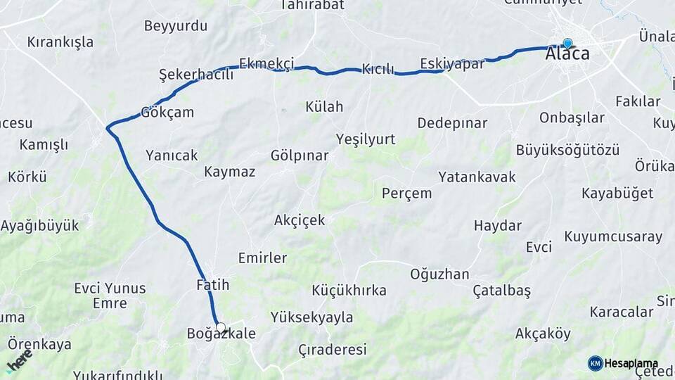Çorum Alaca Boğazkale Arası Kaç Km - Yol Haritası