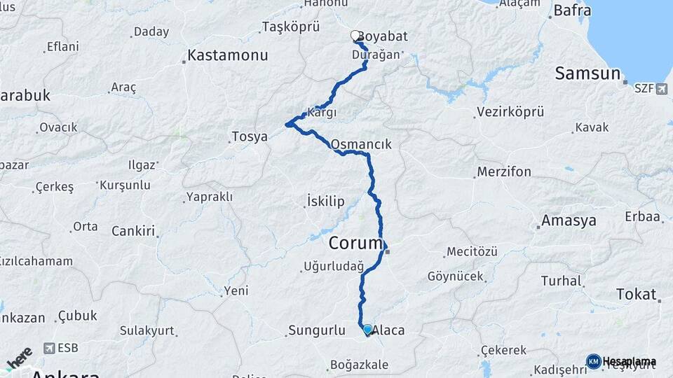 Çorum Alaca Boyabat Sinop Arası Kaç Km - Yol Haritası