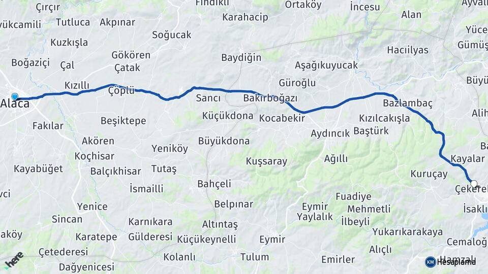 Çorum Alaca Çekerek Yozgat Arası Kaç Km - Yol Haritası