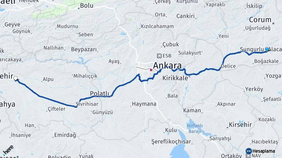 Çorum Alaca Eskişehir Arası Kaç Km - Yol Haritası
