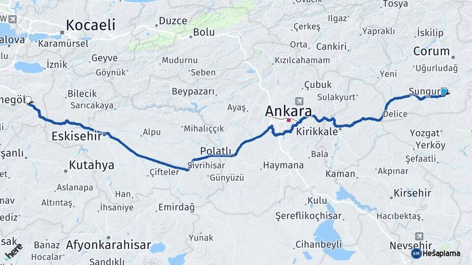 Çorum Alaca İnegöl Bursa Arası Kaç Km - Yol Haritası