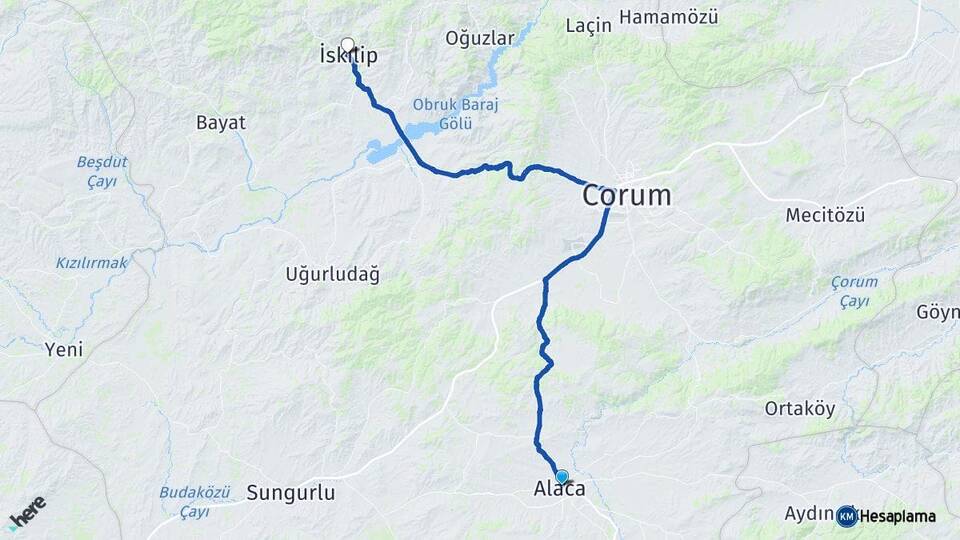 Çorum Alaca İskilip Arası Kaç Km - Yol Haritası