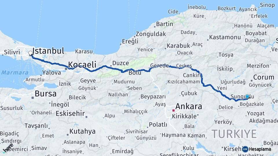 Çorum Alaca İstanbul Arası Kaç Km - Yol Haritası