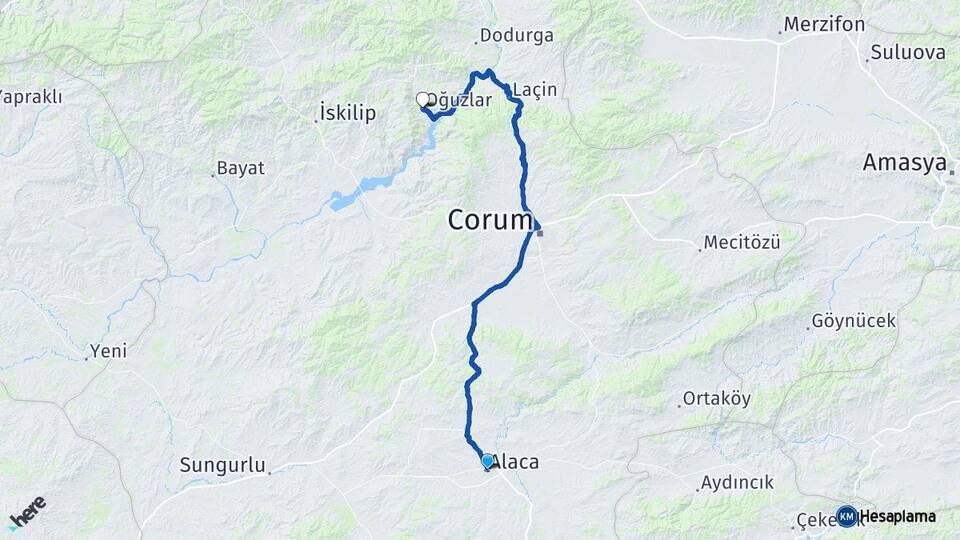 Çorum Alaca Oğuzlar Arası Kaç Km - Yol Haritası