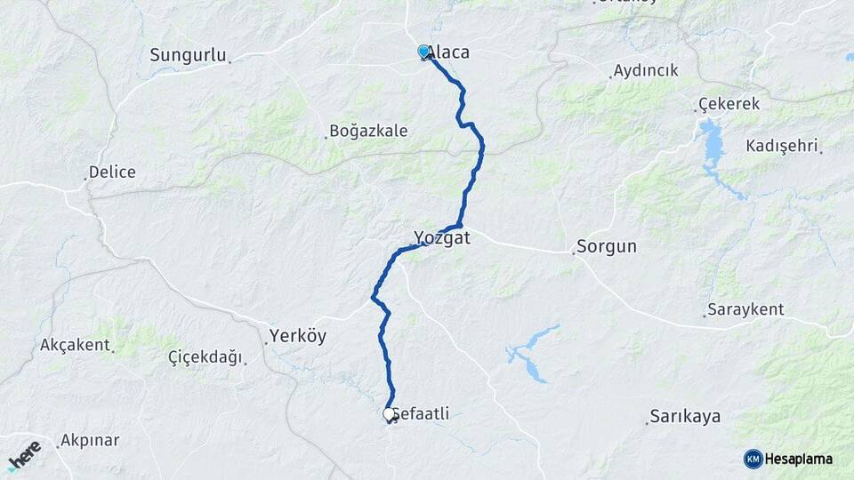 Çorum Alaca Şefaatli Yozgat Arası Kaç Km - Yol Haritası