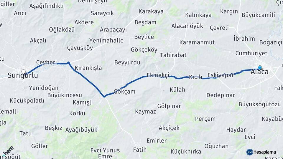 Çorum Alaca Sungurlu Arası Kaç Km - Yol Haritası