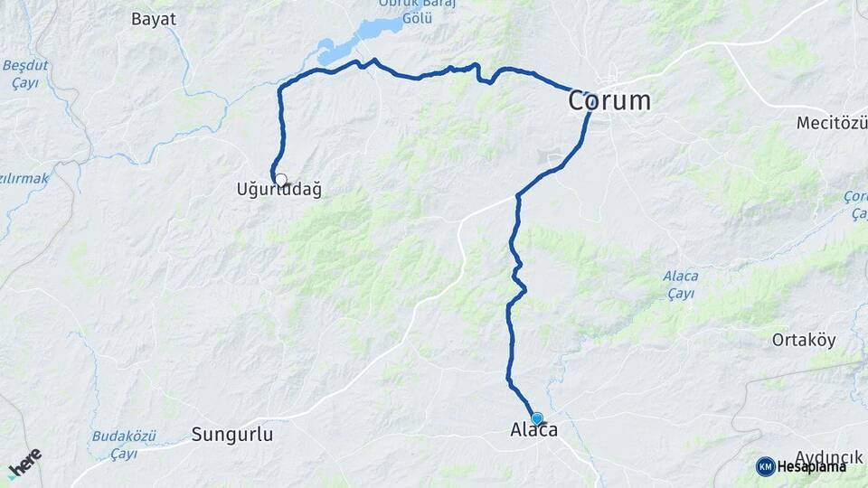 Çorum Alaca Uğurludağ Arası Kaç Km - Yol Haritası
