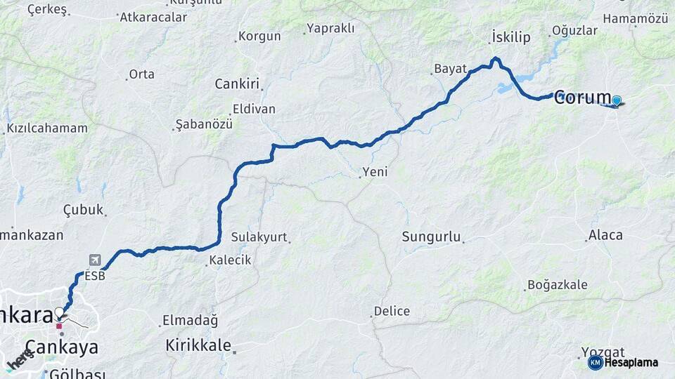 Çorum Altındağ Ankara Arası Kaç Km - Yol Haritası