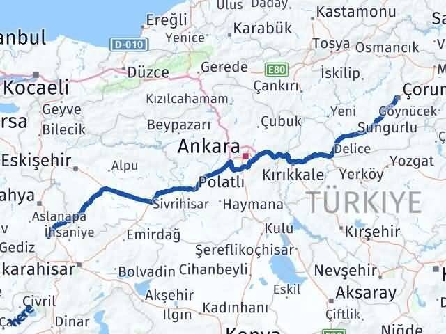 Çorum Altıntaş Kütahya Arası Kaç Km - Yol Haritası
