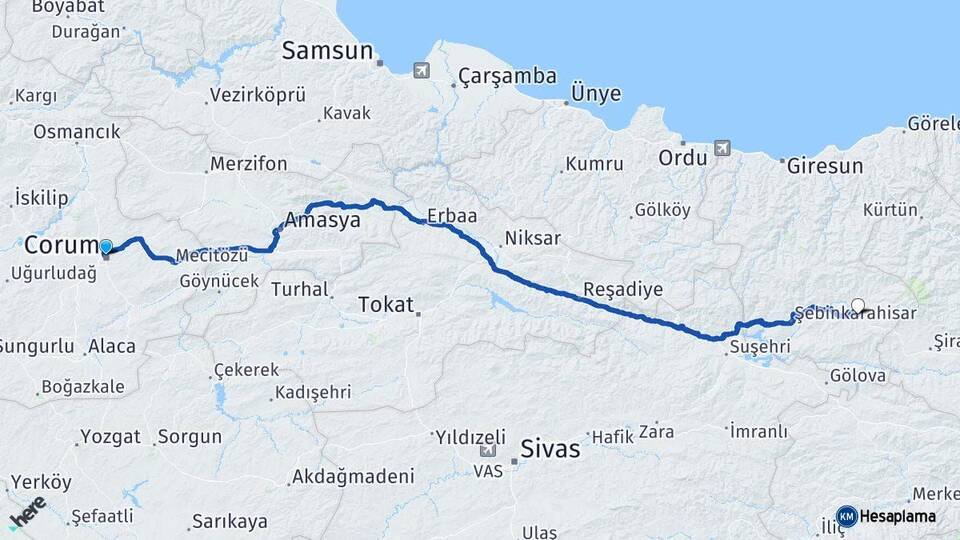 Çorum Alucra Giresun Arası Kaç Km - Yol Haritası