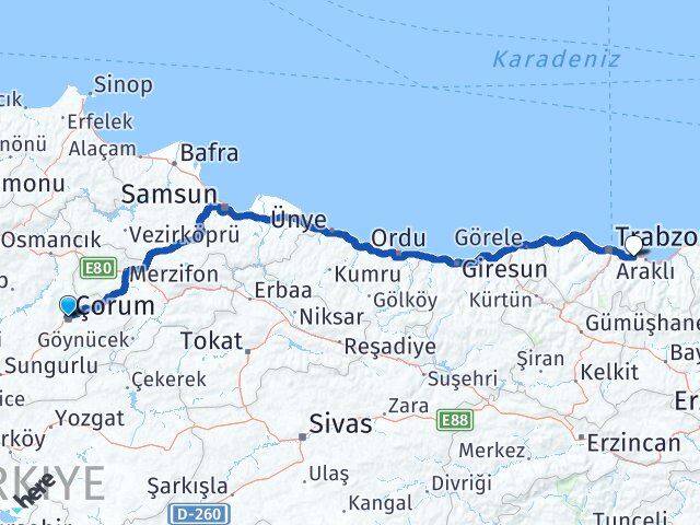 Çorum Arsin Trabzon Arası Kaç Km - Yol Haritası