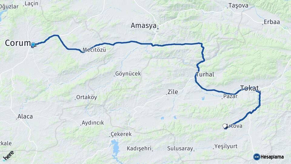 Çorum Artova Tokat Arası Kaç Km - Yol Haritası