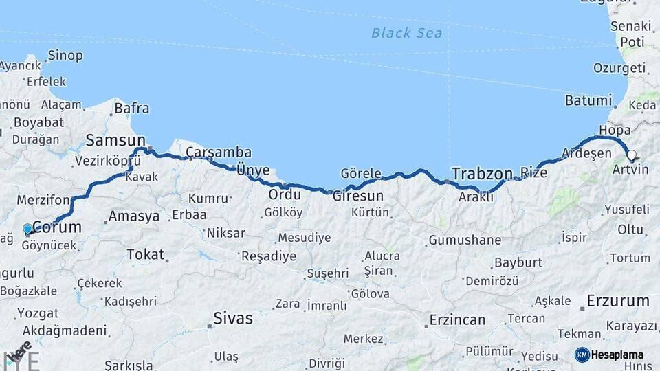 Çorum Artvin Arası Kaç Km - Yol Haritası