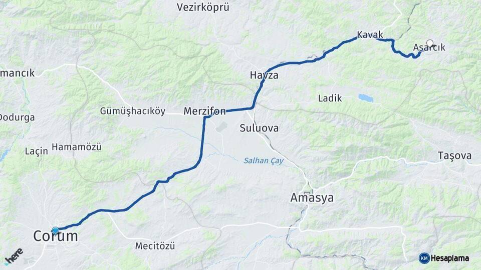 Çorum Asarcık Samsun Arası Kaç Km - Yol Haritası