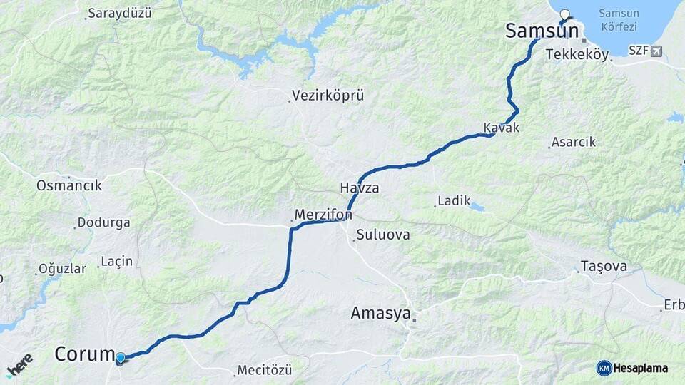 Çorum Atakum Samsun Arası Kaç Km - Yol Haritası