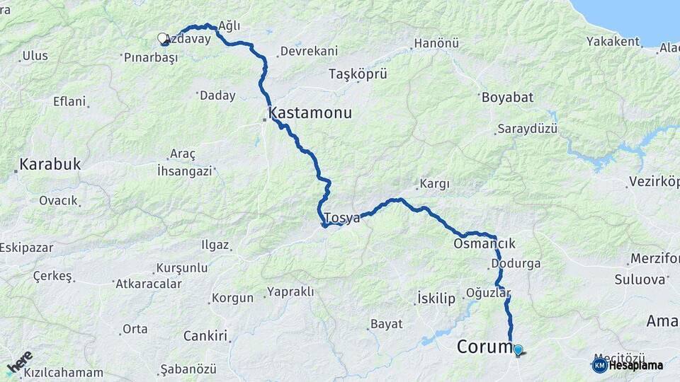 Çorum Azdavay Kastamonu Arası Kaç Km - Yol Haritası