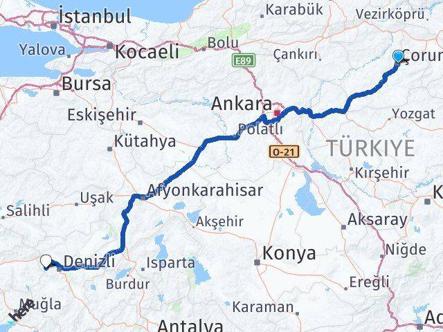 Çorum Babadağ Denizli Arası Kaç Km - Yol Haritası