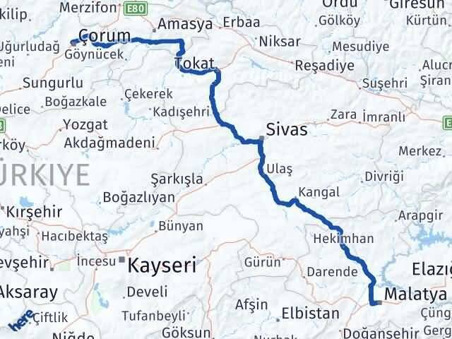 Çorum Battalgazi Malatya Arası Kaç Km - Yol Haritası