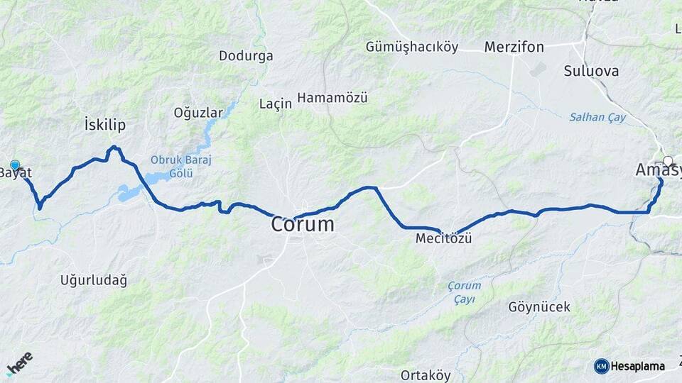 Çorum Bayat Amasya Arası Kaç Km - Yol Haritası
