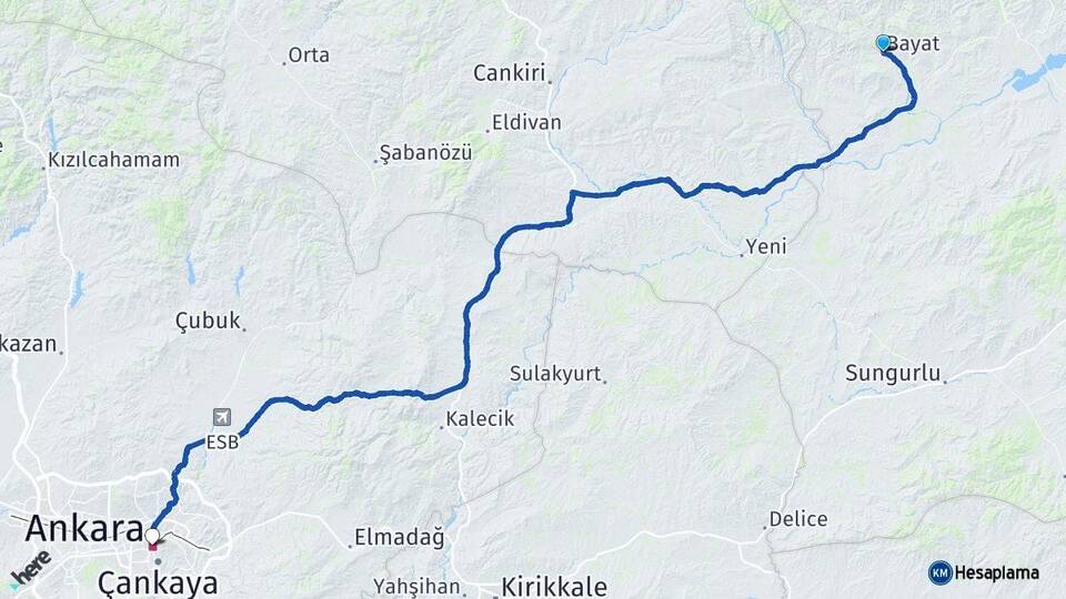 Çorum Bayat Ankara Arası Kaç Km - Yol Haritası