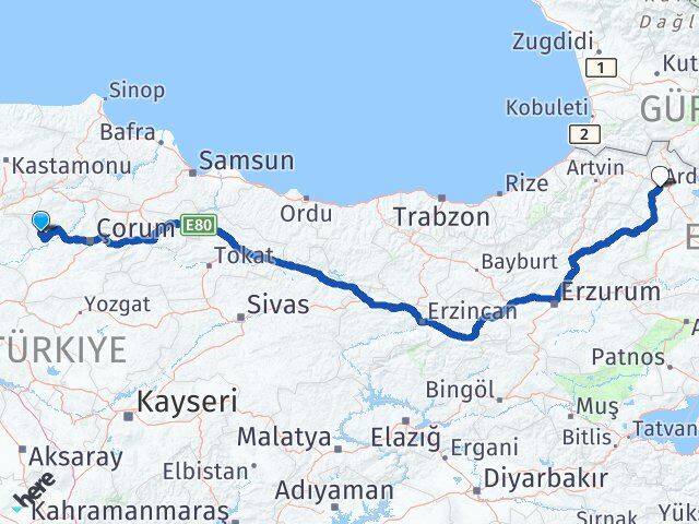 Çorum Bayat Ardahan Arası Kaç Km - Yol Haritası