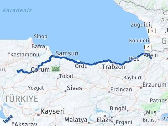 Çorum Bayat Artvin Arası Kaç Km - Yol Haritası