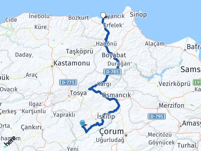 Çorum Bayat Ayancık Sinop Arası Kaç Km - Yol Haritası