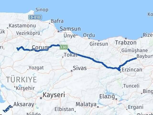 Çorum Bayat Bayburt Arası Kaç Km - Yol Haritası