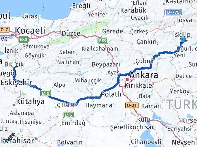 Çorum Bayat Bilecik Arası Kaç Km - Yol Haritası