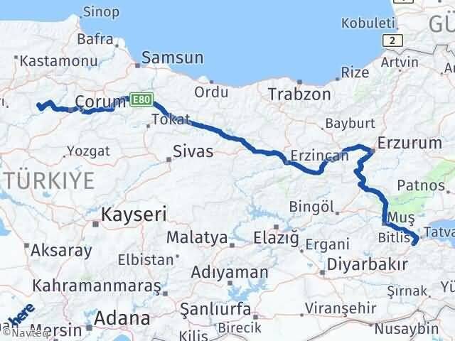 Çorum Bayat Bitlis Arası Kaç Km - Yol Haritası