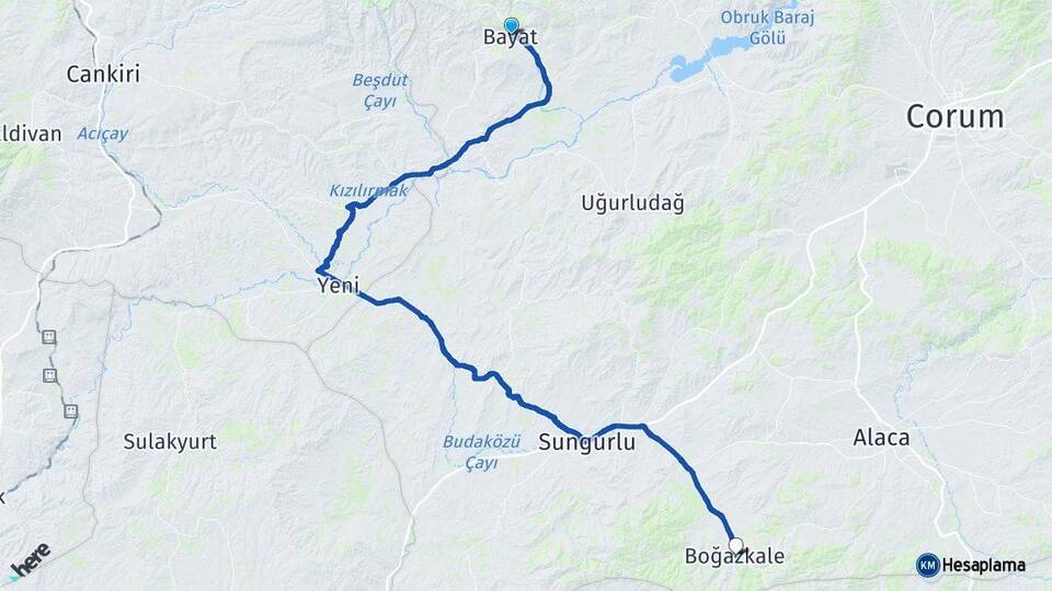 Çorum Bayat Boğazkale Arası Kaç Km - Yol Haritası