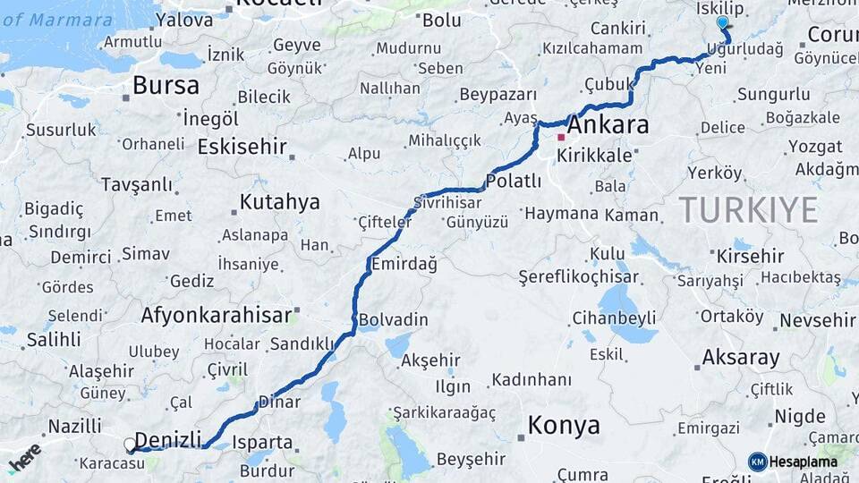 Çorum Bayat Denizli Arası Kaç Km - Yol Haritası