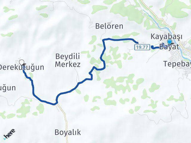 Çorum Bayat Derekutuğun Bayat Arası Kaç Km - Yol Haritası