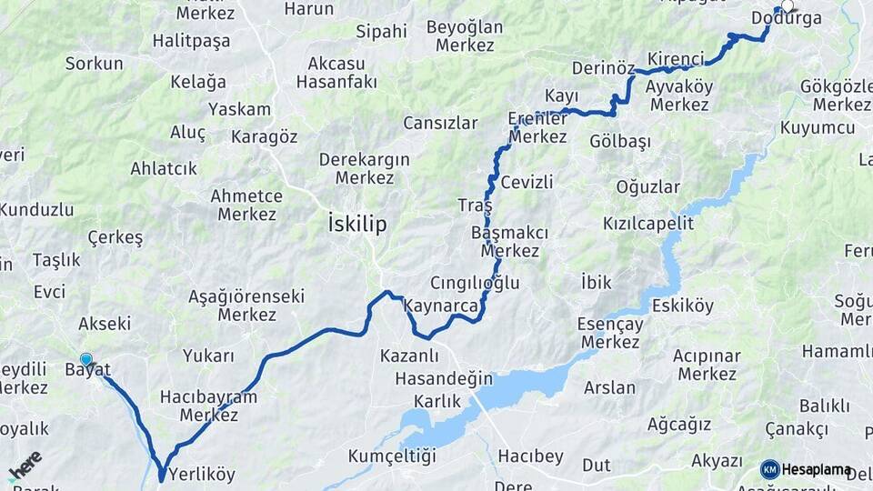 Çorum Bayat Dodurga Arası Kaç Km - Yol Haritası