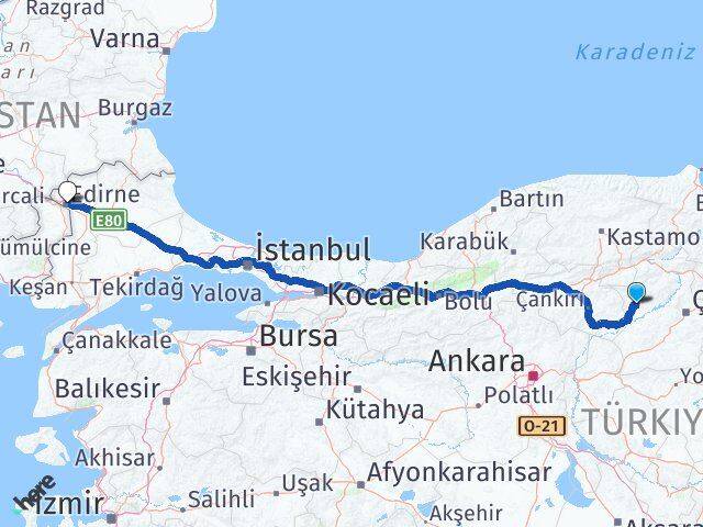 Çorum Bayat Edirne Arası Kaç Km - Yol Haritası
