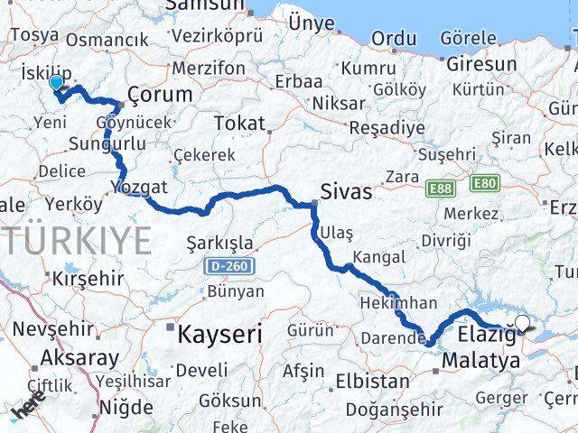 Çorum Bayat Elazığ Arası Kaç Km - Yol Haritası