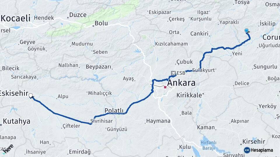 Çorum Bayat Eskişehir Arası Kaç Km - Yol Haritası