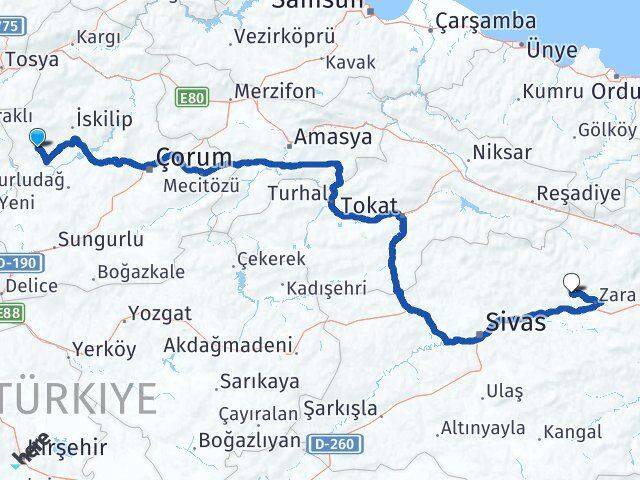 Çorum Bayat Gümüşçevre Zara Sivas Arası Kaç Km - Yol Haritası