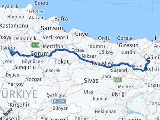 Çorum Bayat Gümüşhane Arası Kaç Km - Yol Haritası