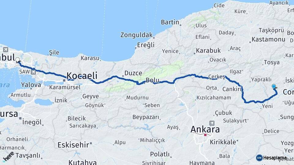 Çorum Bayat İstanbul Arası Kaç Km - Yol Haritası