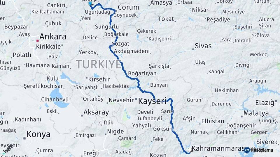 Çorum Bayat Kahramanmaraş Arası Kaç Km - Yol Haritası