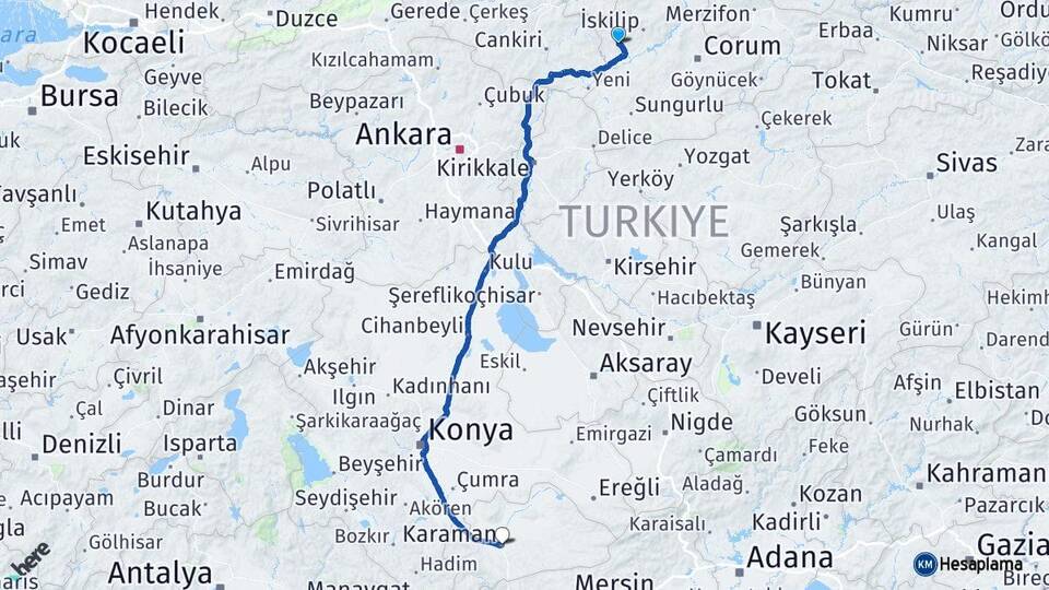 Çorum Bayat Karaman Arası Kaç Km - Yol Haritası