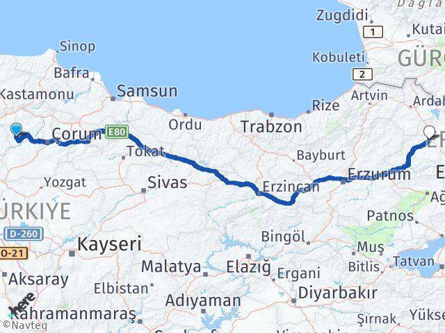 Çorum Bayat Kars Arası Kaç Km - Yol Haritası