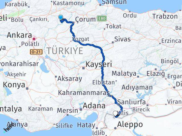Çorum Bayat Kilis Arası Kaç Km - Yol Haritası