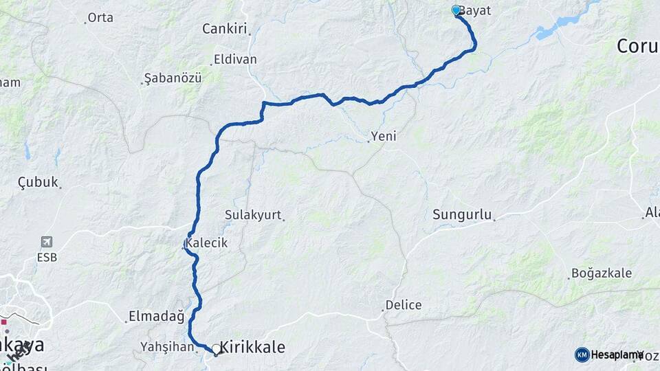 Çorum Bayat Kırıkkale Arası Kaç Km - Yol Haritası