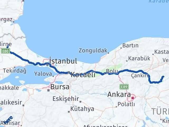 Çorum Bayat Kırklareli Arası Kaç Km - Yol Haritası