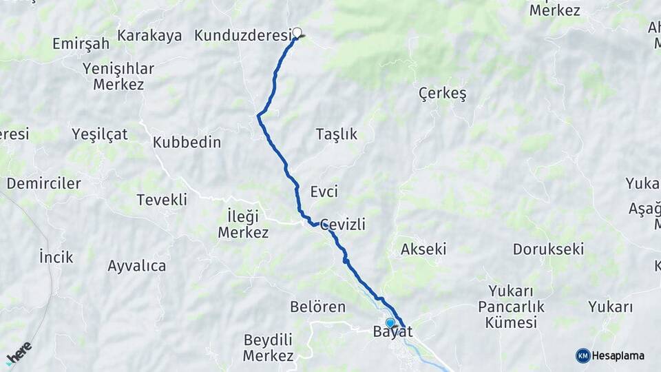 Çorum Bayat Kunduzlu Bayat Arası Kaç Km - Yol Haritası
