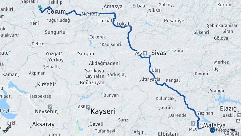 Çorum Bayat Malatya Arası Kaç Km - Yol Haritası